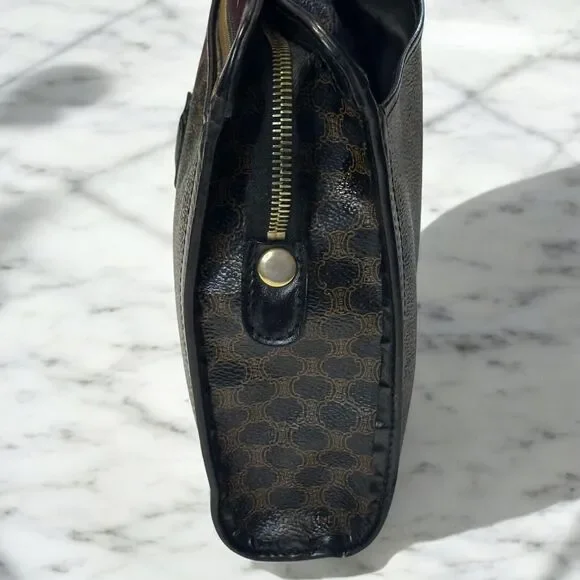 CELINE Macadam Clutch Handbag Black Brown Triomphe Leather Unisex Vintage 90s - Picture 7 of 16